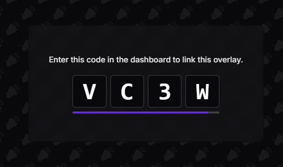 A 4 character alphanumeric code, with a purple line shrinking from right to left, indicating the 30 second duration for a code to be valid