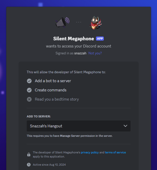 The Discord bot invite screen